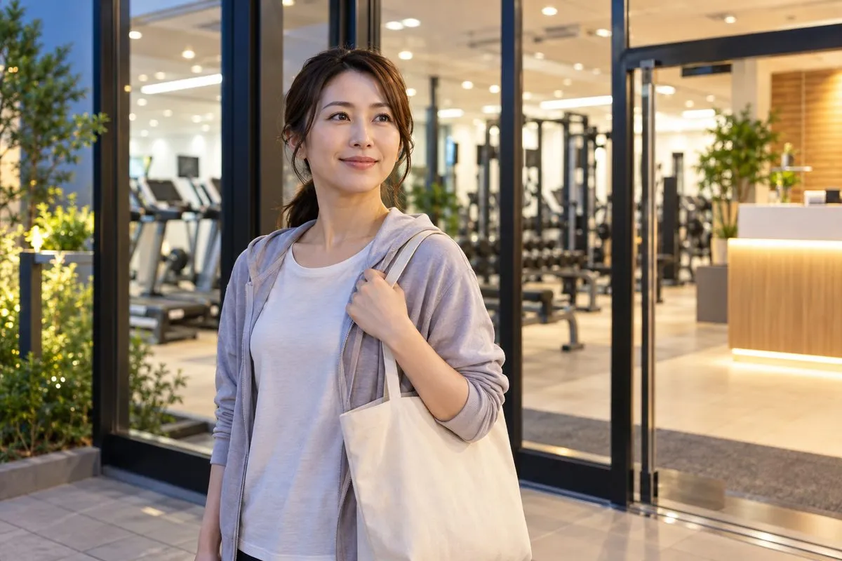 夜のジムの入口でバッグを持って立つ女性