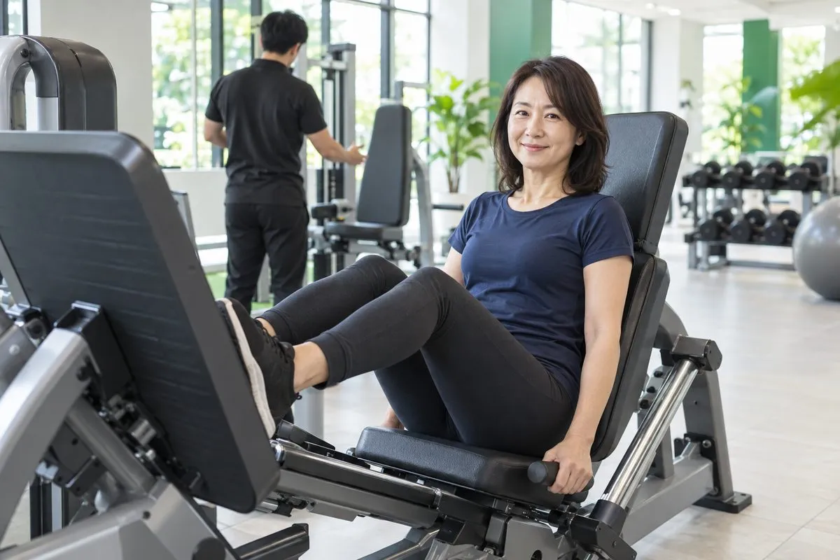 ジムのレッグプレスに座り、足をプレートに乗せる40代の女性