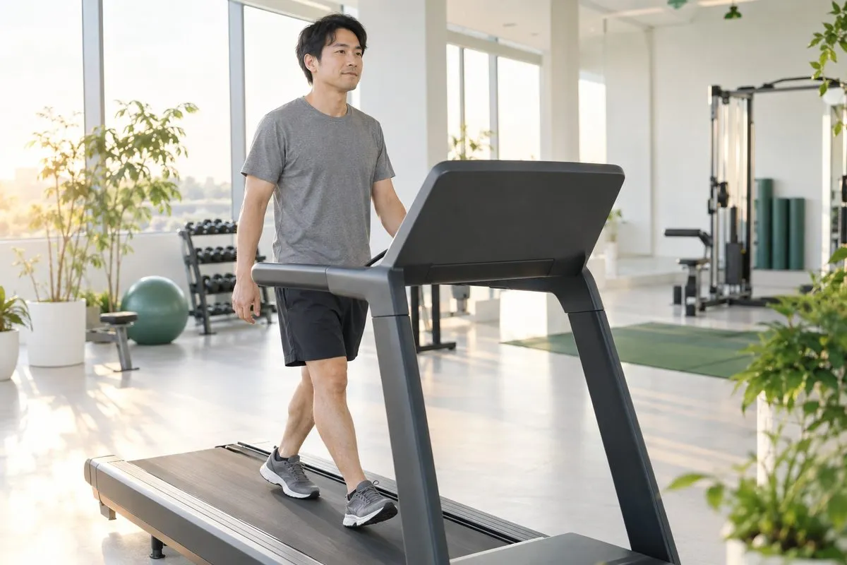 朝日の入るジムでトレッドミルを歩く男性
