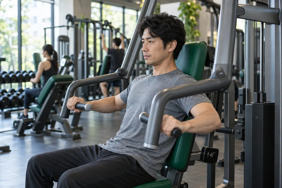 ジムでチェストプレスのマシンに座る男性