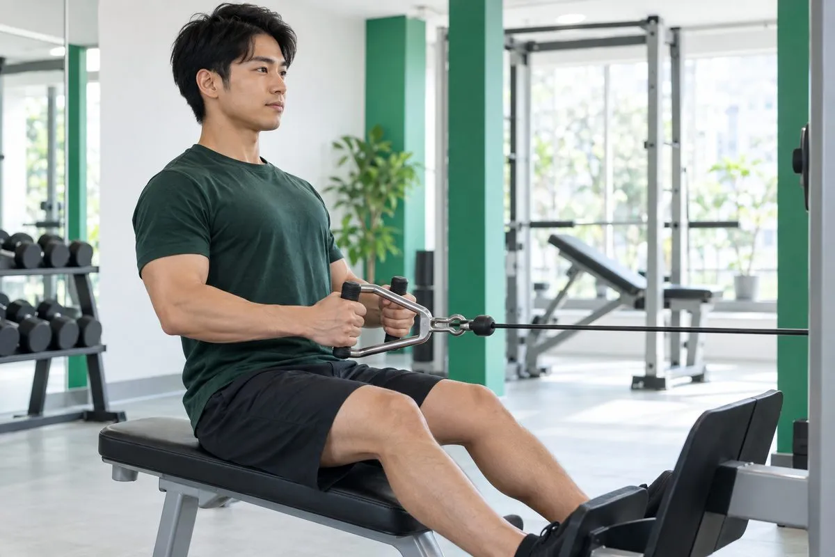 ジムのシーテッドローで背中を鍛える男性