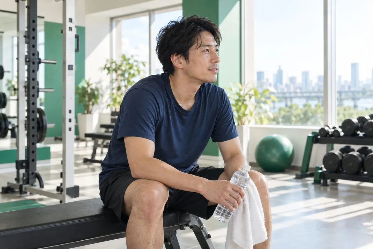 ジムのベンチに座り水を手に休憩する男性
